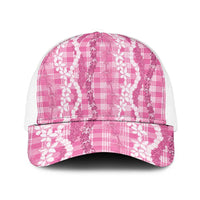 Hawaiian Ohia Lehua Lei Mesh Trucker Cap Plaid Palaka Akala Pattern - Polynesian Pride
