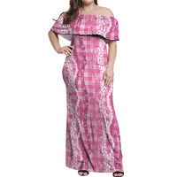 Hawaiian Ohia Lehua Lei Off Shoulder Maxi Dress Plaid Palaka Akala Pattern - Polynesian Pride