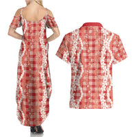 Hawaiian Ohia Lehua Lei Couples Matching Summer Maxi Dress and Hawaiian Shirt Plaid Palaka Ulaula Pattern - Polynesian Pride