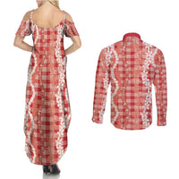 Hawaiian Ohia Lehua Lei Couples Matching Summer Maxi Dress and Long Sleeve Button Shirt Plaid Palaka Ulaula Pattern - Polynesian Pride
