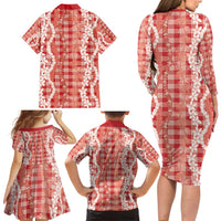 Hawaiian Ohia Lehua Lei Family Matching Long Sleeve Bodycon Dress and Hawaiian Shirt Plaid Palaka Ulaula Pattern LT9 - Polynesian Pride
