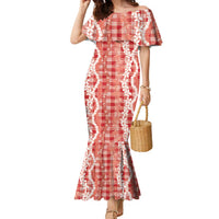 Hawaiian Ohia Lehua Lei Family Matching Mermaid Dress and Hawaiian Shirt Plaid Palaka Ulaula Pattern LT9 Red - Polynesian Pride