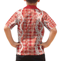 Hawaiian Ohia Lehua Lei Family Matching Off The Shoulder Long Sleeve Dress and Hawaiian Shirt Plaid Palaka Ulaula Pattern LT9 - Polynesian Pride