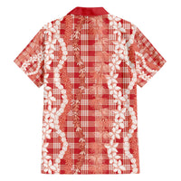 Hawaiian Ohia Lehua Lei Family Matching Off The Shoulder Long Sleeve Dress and Hawaiian Shirt Plaid Palaka Ulaula Pattern LT9 - Polynesian Pride