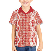 Hawaiian Ohia Lehua Lei Family Matching Off The Shoulder Long Sleeve Dress and Hawaiian Shirt Plaid Palaka Ulaula Pattern LT9 - Polynesian Pride