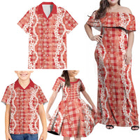 Hawaiian Ohia Lehua Lei Family Matching Off Shoulder Maxi Dress and Hawaiian Shirt Plaid Palaka Ulaula Pattern LT9 - Polynesian Pride