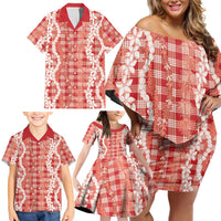 Hawaiian Ohia Lehua Lei Family Matching Off Shoulder Short Dress and Hawaiian Shirt Plaid Palaka Ulaula Pattern LT9 - Polynesian Pride
