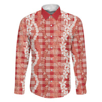 Hawaiian Ohia Lehua Lei Family Matching Off Shoulder Short Dress and Hawaiian Shirt Plaid Palaka Ulaula Pattern LT9 Dad's Shirt - Long Sleeve Red - Polynesian Pride