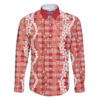 Hawaiian Ohia Lehua Lei Family Matching Summer Maxi Dress and Hawaiian Shirt Plaid Palaka Ulaula Pattern LT9 Dad's Shirt - Long Sleeve Red - Polynesian Pride