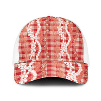 Hawaiian Ohia Lehua Lei Mesh Trucker Cap Plaid Palaka Ulaula Pattern - Polynesian Pride