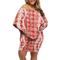 Hawaiian Ohia Lehua Lei Off Shoulder Short Dress Plaid Palaka Ulaula Pattern - Polynesian Pride