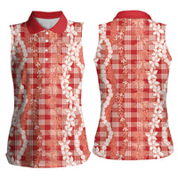 Hawaiian Ohia Lehua Lei Women Sleeveless Polo Shirt Plaid Palaka Ulaula Pattern - Polynesian Pride