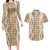 Hawaiian Ohia Lehua Lei Couples Matching Long Sleeve Bodycon Dress and Hawaiian Shirt Plaid Palaka Kalaihaahaa Pattern LT9 Tan - Polynesian Pride