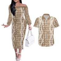Hawaiian Ohia Lehua Lei Couples Matching Off The Shoulder Long Sleeve Dress and Hawaiian Shirt Plaid Palaka Kalaihaahaa Pattern LT9 Tan - Polynesian Pride