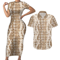 Hawaiian Ohia Lehua Lei Couples Matching Short Sleeve Bodycon Dress and Hawaiian Shirt Plaid Palaka Kalaihaahaa Pattern LT9 Tan - Polynesian Pride