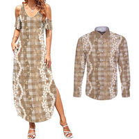 Hawaiian Ohia Lehua Lei Couples Matching Summer Maxi Dress and Long Sleeve Button Shirt Plaid Palaka Kalaihaahaa Pattern - Polynesian Pride