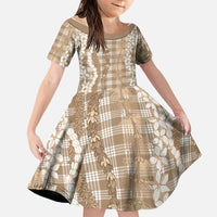 Hawaiian Ohia Lehua Lei Family Matching Off The Shoulder Long Sleeve Dress and Hawaiian Shirt Plaid Palaka Kalaihaahaa Pattern LT9 Daughter's Dress Tan - Polynesian Pride