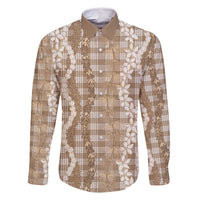 Hawaiian Ohia Lehua Lei Family Matching Off Shoulder Maxi Dress and Hawaiian Shirt Plaid Palaka Kalaihaahaa Pattern LT9 Dad's Shirt - Long Sleeve Tan - Polynesian Pride