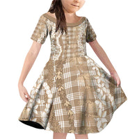 Hawaiian Ohia Lehua Lei Family Matching Off Shoulder Short Dress and Hawaiian Shirt Plaid Palaka Kalaihaahaa Pattern LT9 Daughter's Dress Tan - Polynesian Pride