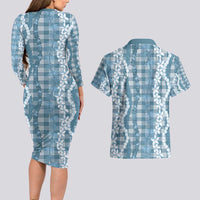 Hawaiian Ohia Lehua Lei Couples Matching Long Sleeve Bodycon Dress and Hawaiian Shirt Plaid Palaka Uliuli Omaomao Pattern - Polynesian Pride