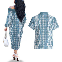 Hawaiian Ohia Lehua Lei Couples Matching Off The Shoulder Long Sleeve Dress and Hawaiian Shirt Plaid Palaka Uliuli Omaomao Pattern - Polynesian Pride