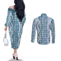 Hawaiian Ohia Lehua Lei Couples Matching Off The Shoulder Long Sleeve Dress and Long Sleeve Button Shirt Plaid Palaka Uliuli Omaomao Pattern - Polynesian Pride