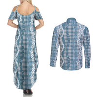 Hawaiian Ohia Lehua Lei Couples Matching Summer Maxi Dress and Long Sleeve Button Shirt Plaid Palaka Uliuli Omaomao Pattern - Polynesian Pride