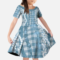 Hawaiian Ohia Lehua Lei Family Matching Long Sleeve Bodycon Dress and Hawaiian Shirt Plaid Palaka Uliuli Omaomao Pattern LT9 Daughter's Dress Teal - Polynesian Pride