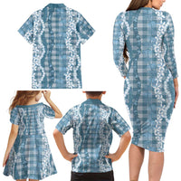 Hawaiian Ohia Lehua Lei Family Matching Long Sleeve Bodycon Dress and Hawaiian Shirt Plaid Palaka Uliuli Omaomao Pattern LT9 - Polynesian Pride