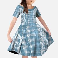 Hawaiian Ohia Lehua Lei Family Matching Off The Shoulder Long Sleeve Dress and Hawaiian Shirt Plaid Palaka Uliuli Omaomao Pattern LT9 Daughter's Dress Teal - Polynesian Pride