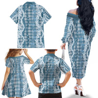 Hawaiian Ohia Lehua Lei Family Matching Off The Shoulder Long Sleeve Dress and Hawaiian Shirt Plaid Palaka Uliuli Omaomao Pattern LT9 - Polynesian Pride