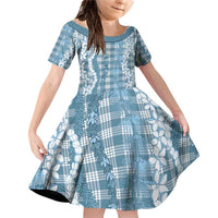 Hawaiian Ohia Lehua Lei Family Matching Off Shoulder Short Dress and Hawaiian Shirt Plaid Palaka Uliuli Omaomao Pattern LT9 Daughter's Dress Teal - Polynesian Pride
