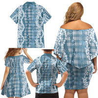 Hawaiian Ohia Lehua Lei Family Matching Off Shoulder Short Dress and Hawaiian Shirt Plaid Palaka Uliuli Omaomao Pattern LT9 - Polynesian Pride