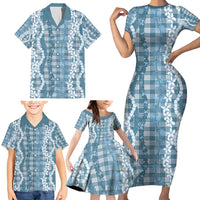 Hawaiian Ohia Lehua Lei Family Matching Short Sleeve Bodycon Dress and Hawaiian Shirt Plaid Palaka Uliuli Omaomao Pattern - Polynesian Pride