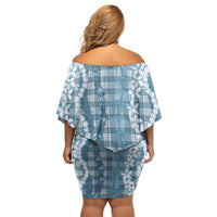 Hawaiian Ohia Lehua Lei Off Shoulder Short Dress Plaid Palaka Uliuli Omaomao Pattern - Polynesian Pride