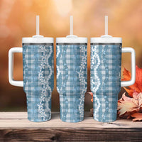 Hawaiian Ohia Lehua Lei Tumbler With Handle Plaid Palaka Uliuli Omaomao Pattern - Polynesian Pride