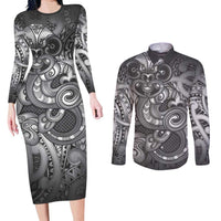 Aotearoa Maori Hei Tiki Couples Matching Long Sleeve Bodycon Dress and Long Sleeve Button Shirt Kiwikiwi Kowhaiwhai Puhoro Motif LT9 Grey - Polynesian Pride