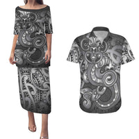Aotearoa Maori Hei Tiki Couples Matching Puletasi and Hawaiian Shirt Kiwikiwi Kowhaiwhai Puhoro Motif LT9 Grey - Polynesian Pride