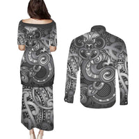 Aotearoa Maori Hei Tiki Couples Matching Puletasi and Long Sleeve Button Shirt Kiwikiwi Kowhaiwhai Puhoro Motif LT9 - Polynesian Pride