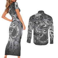 Aotearoa Maori Hei Tiki Couples Matching Short Sleeve Bodycon Dress and Long Sleeve Button Shirt Kiwikiwi Kowhaiwhai Puhoro Motif LT9 - Polynesian Pride