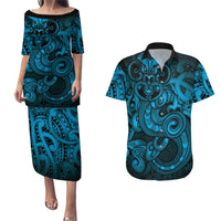 Aotearoa Maori Hei Tiki Couples Matching Puletasi and Hawaiian Shirt Kikorangi Kowhaiwhai Puhoro Motif LT9 Blue - Polynesian Pride