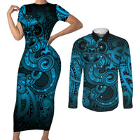 Aotearoa Maori Hei Tiki Couples Matching Short Sleeve Bodycon Dress and Long Sleeve Button Shirt Kikorangi Kowhaiwhai Puhoro Motif LT9 Blue - Polynesian Pride