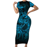 Aotearoa Maori Hei Tiki Short Sleeve Bodycon Dress Kikorangi Kowhaiwhai Puhoro Motif LT9 Long Dress Blue - Polynesian Pride