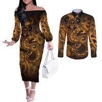 Aotearoa Maori Hei Tiki Couples Matching Off The Shoulder Long Sleeve Dress and Long Sleeve Button Shirt Koura Kowhaiwhai Puhoro Motif LT9 Gold - Polynesian Pride