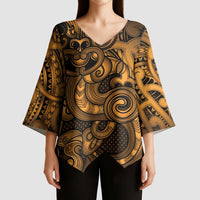 Aotearoa Maori Hei Tiki Kimono Sleeve Blouse Koura Kowhaiwhai Puhoro Motif