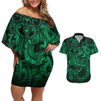 Aotearoa Maori Hei Tiki Couples Matching Off Shoulder Short Dress and Hawaiian Shirt Kakariki Kowhaiwhai Puhoro Motif LT9 Green - Polynesian Pride