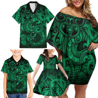 Aotearoa Maori Hei Tiki Family Matching Off Shoulder Short Dress and Hawaiian Shirt Kakariki Kowhaiwhai Puhoro Motif LT9 - Polynesian Pride
