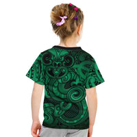 Aotearoa Maori Hei Tiki Kid T Shirt Kakariki Kowhaiwhai Puhoro Motif