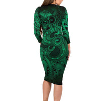 Aotearoa Maori Hei Tiki Long Sleeve Bodycon Dress Kakariki Kowhaiwhai Puhoro Motif LT9 - Polynesian Pride