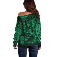 Aotearoa Maori Hei Tiki Off Shoulder Sweater Kakariki Kowhaiwhai Puhoro Motif